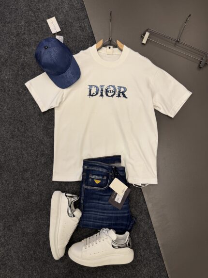 Dior White Embroidered Logo Cotton T-Shirt