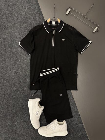 Prada Black Mesh Polo & Shorts Tracksuit Set